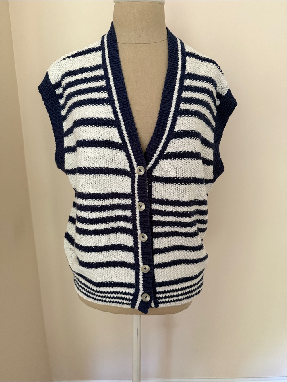 Maeve Navy and White Striped Button-Front Knit Vest